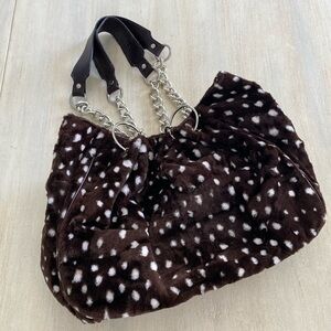 Glenda gies white brown polka dot vegan fur bucket satchel shoulder bag purse